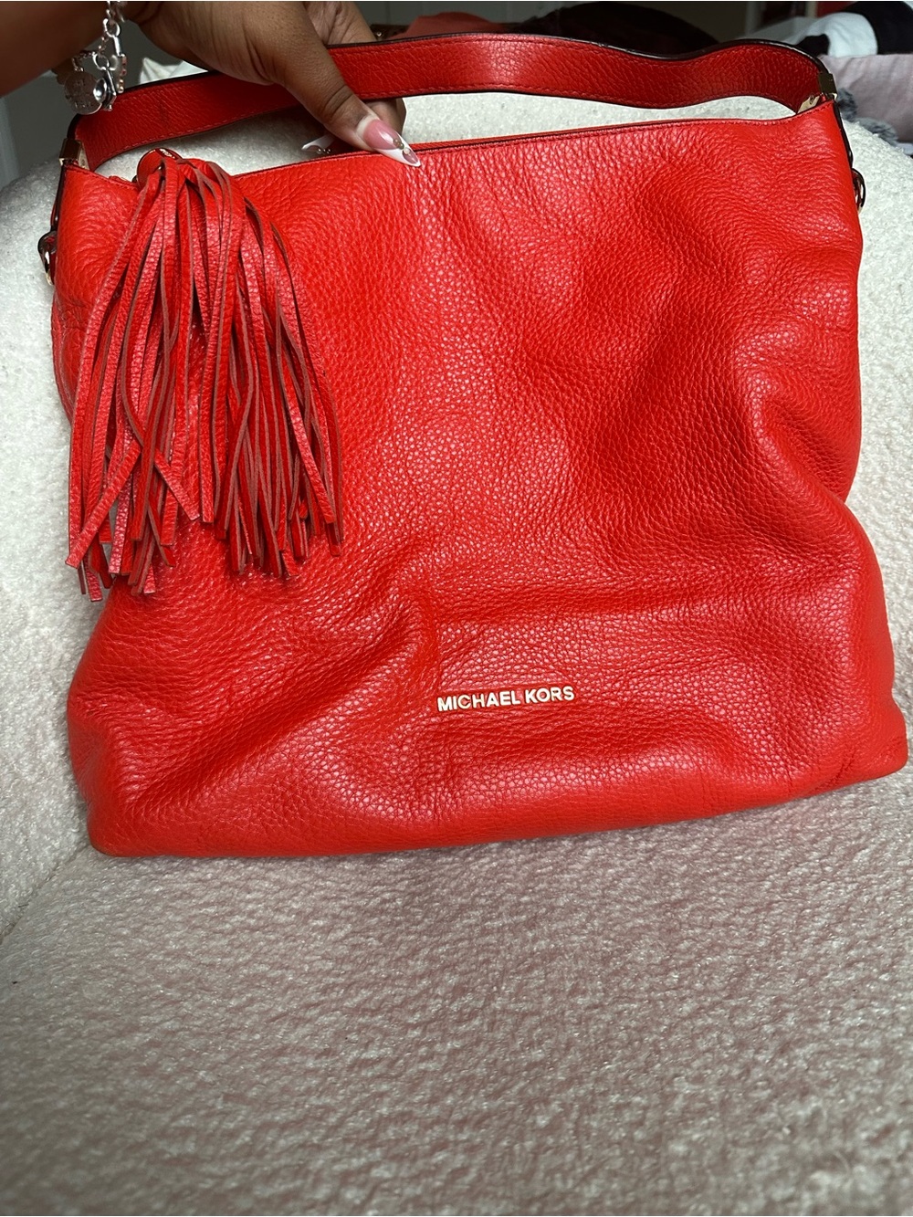 Michael Kors Red Pebbled Leather Shoulder Hobo with Tassel